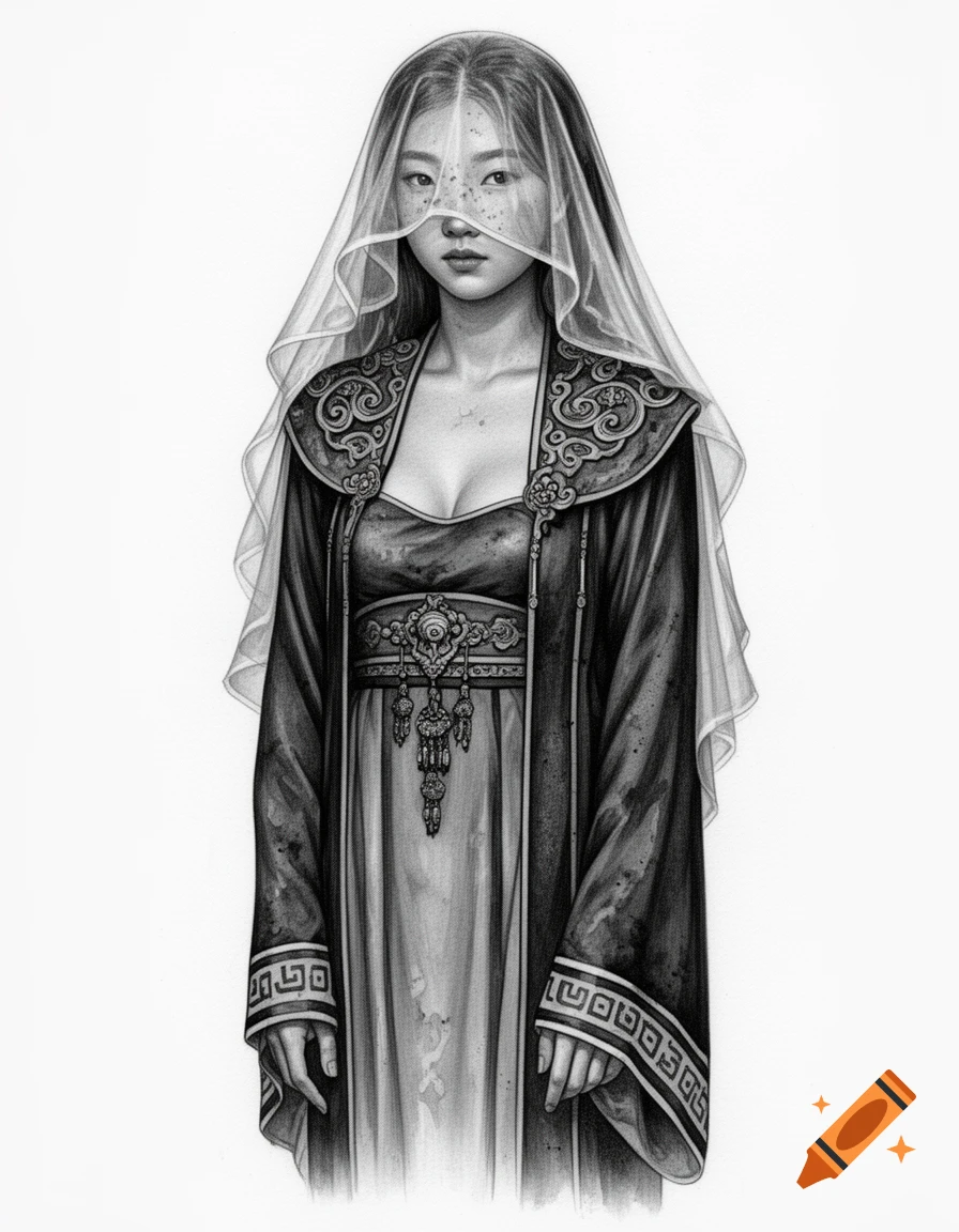 Detailed greywash sketch of a young Asian woman in traditional oriental attire with a translucent veil and deep neckline, standing against a white background.