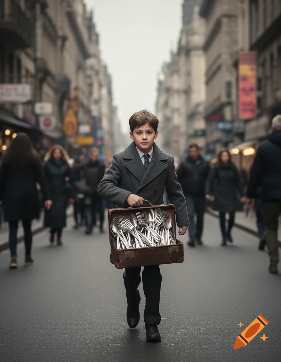A young boy in a gray coat and tie walks down a busy city street, carrying an open suitcase filled with shining silverware.