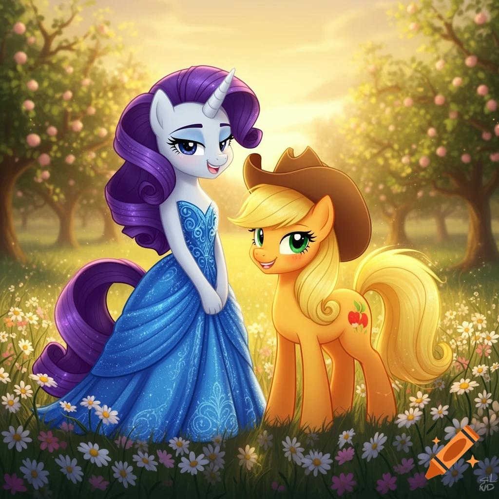 Rarity in a blue gown and Applejack in a cowboy hat stand smiling in a sunny, flower-filled orchard.