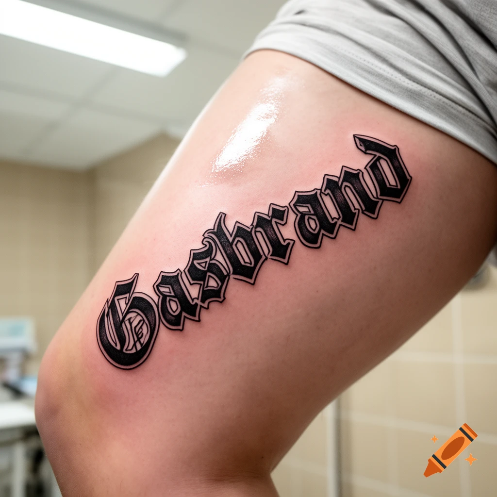 The word 'Gasbrand' tattooed in a blackletter font on a person's thigh.
