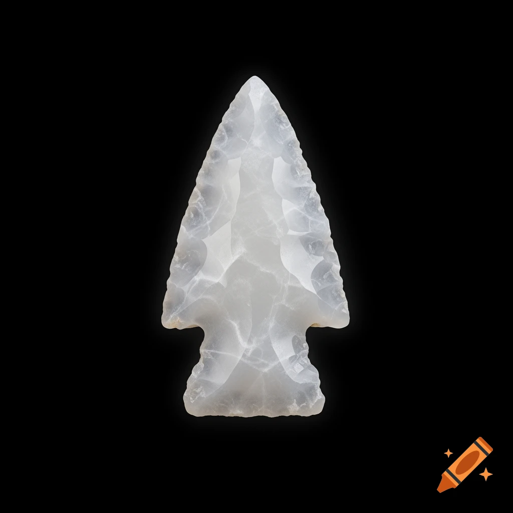 A detailed, translucent white obsidian arrowhead stands out against a pure black background.