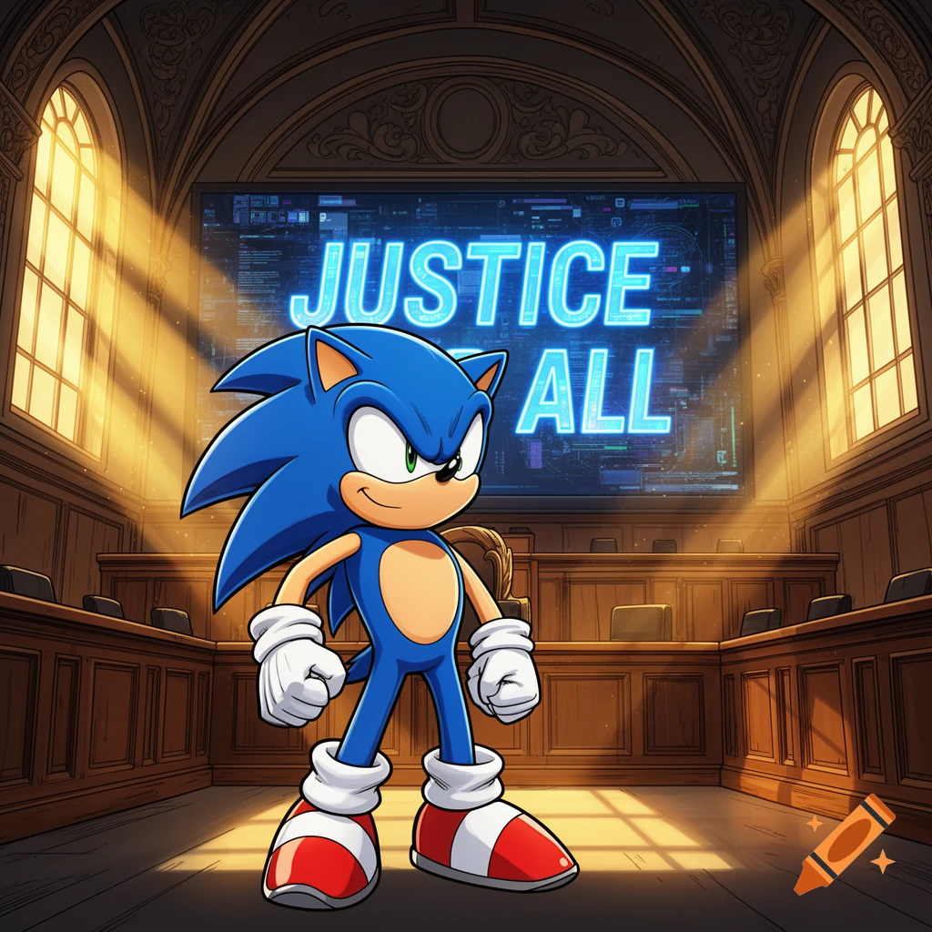 Sonic the Hedgehog stands confidently in a grand courtroom with 'JUSTICE ALL' on a large screen behind him.