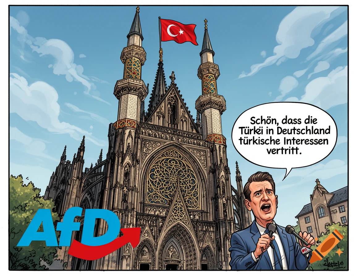 Comic depicting Cologne Cathedral as a mosque with a Turkish flag. An AfD politician speaks, saying, 'Nice that Turkey represents Turkish interests in Germany.' AfD logo is visible.
