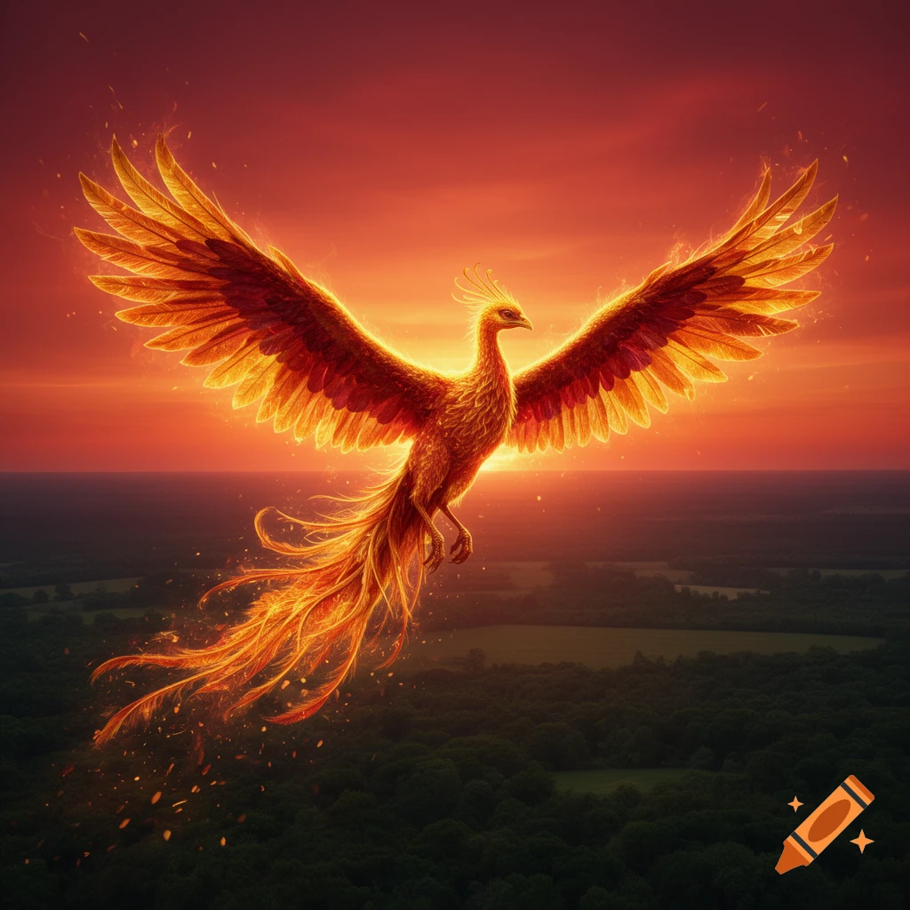 A vibrant, fiery phoenix with outstretched wings soars above a dark green forest at sunset.