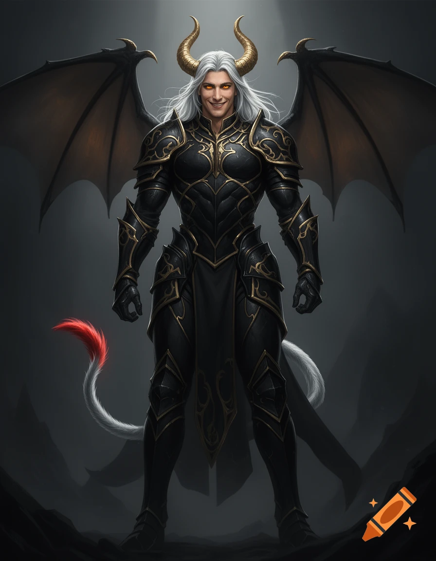 A male demon character with long white hair, golden horns, bat wings, amber eyes, and a smirking grin, wearing black and gold armor in a dark fantasy style.