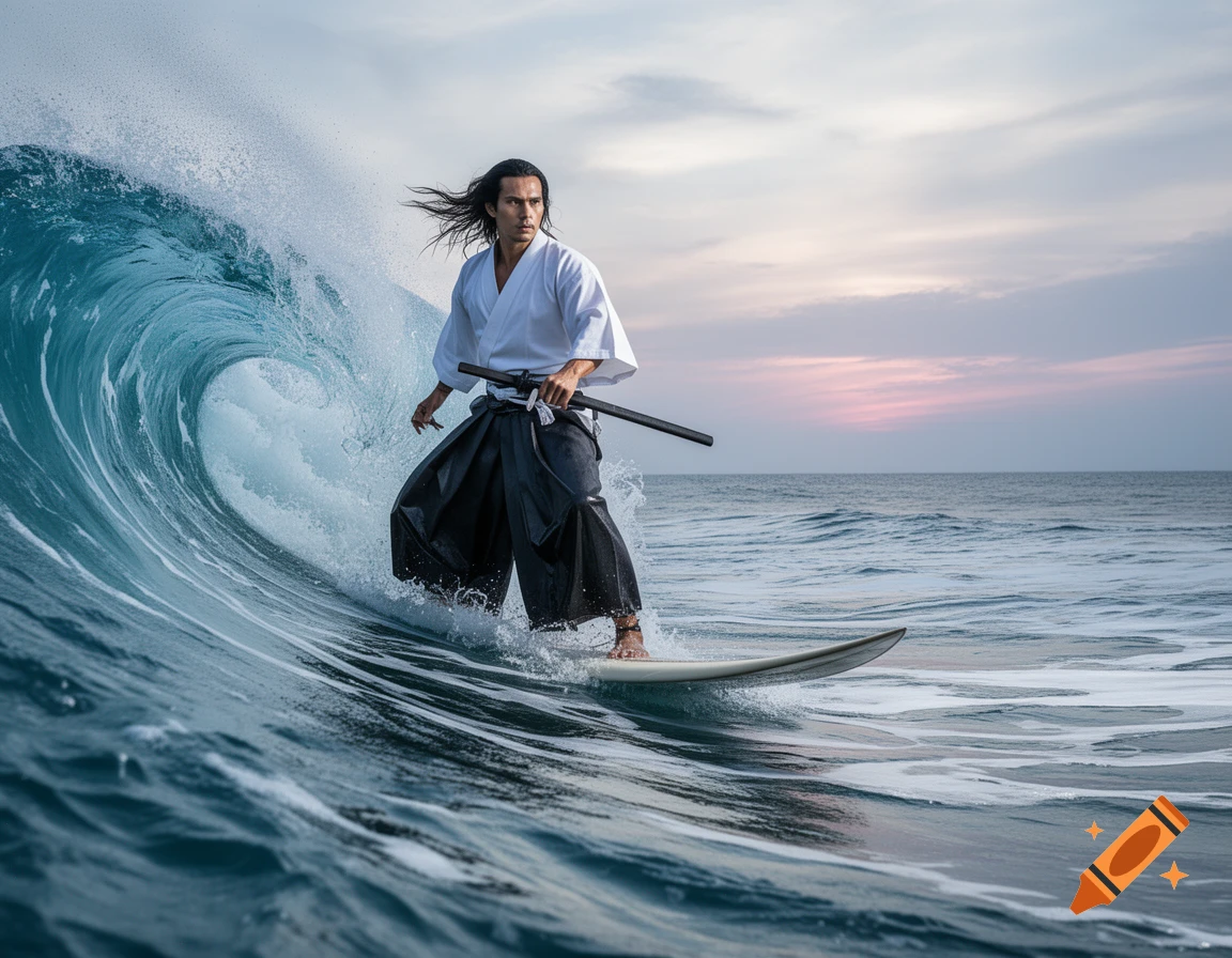 A man dressed as a samurai surfs a large ocean wave with a katana on his back, under a dramatic sunset sky.