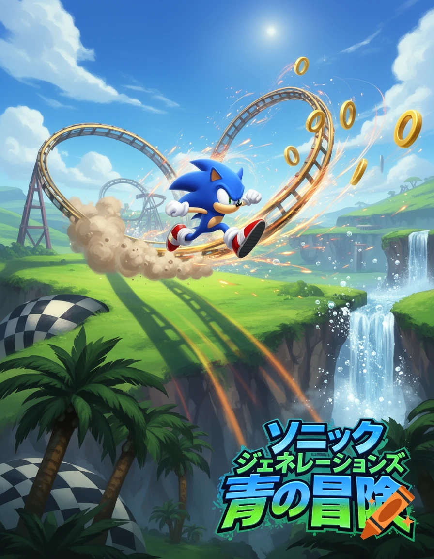 Sonic the Hedgehog runs through a vibrant green landscape with waterfalls, palm trees, a looping track, and gold rings.