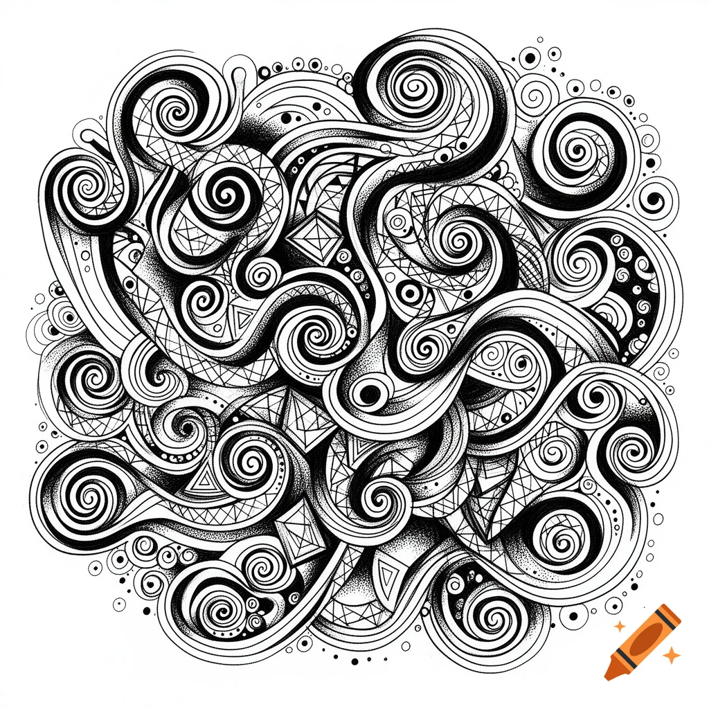 Intricate black and white abstract doodle art with swirling lines, dots, and geometric patterns.