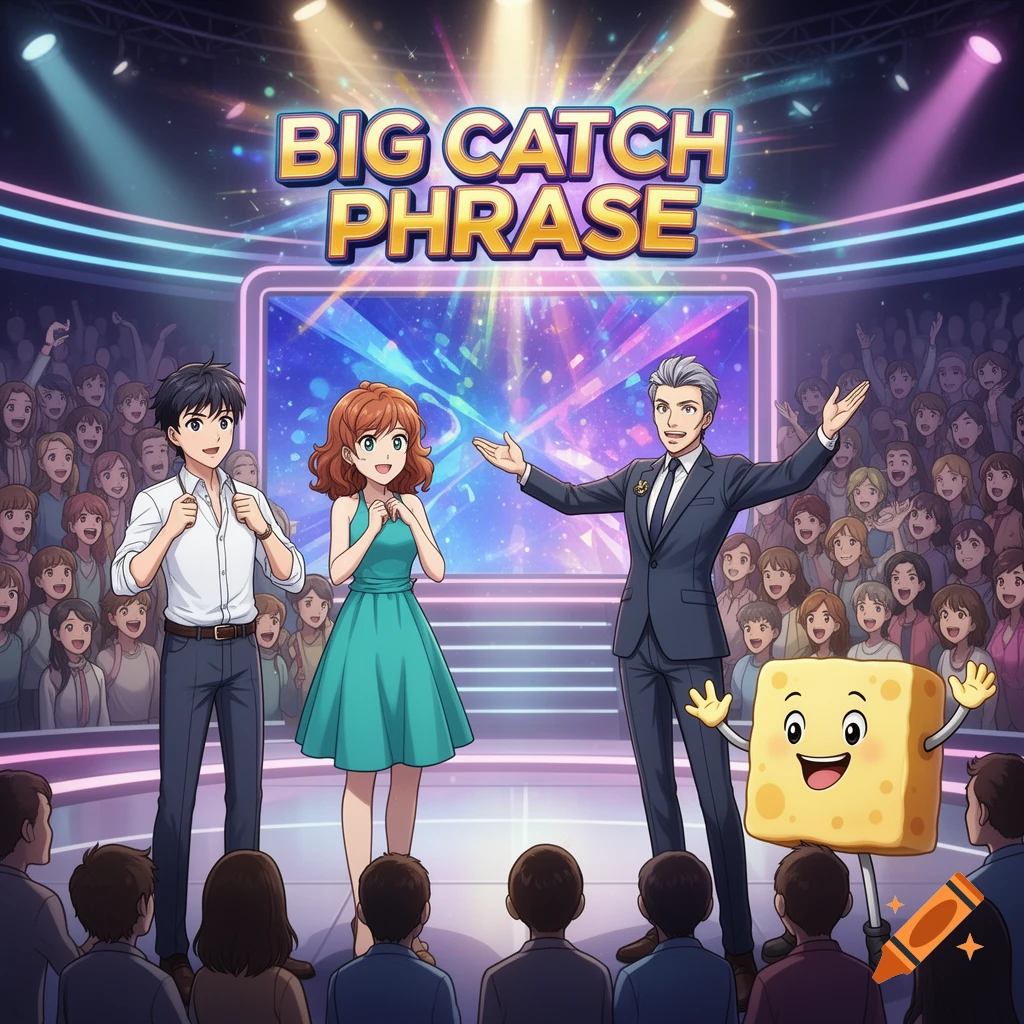 An anime-style game show with a host, two contestants, and a cheese mascot on stage, under the 'BIG CATCH PHRASE' title, with a cheering audience.