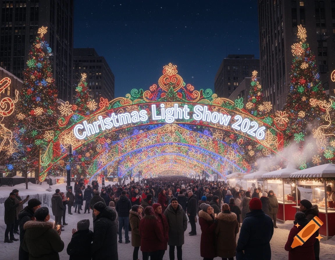 A crowd gathers under a large, colorful 'Christmas Light Show 2026' arch, flanked by illuminated Christmas trees in a snowy city.