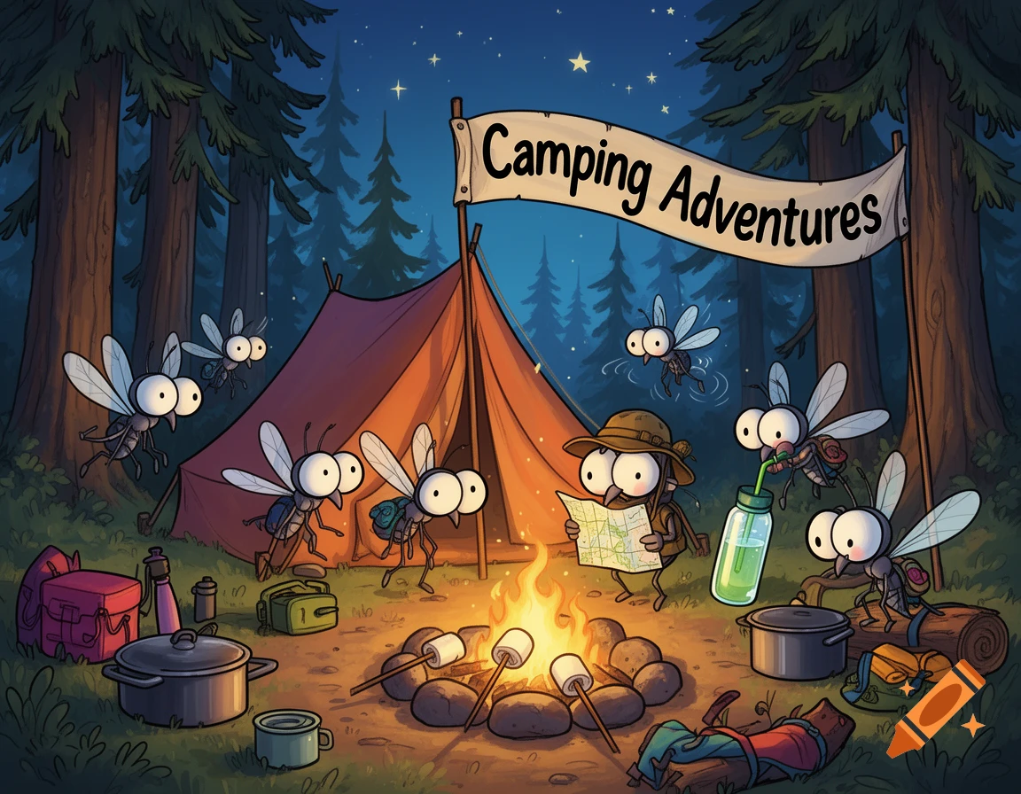 A humorous cartoon of anthropomorphic mosquitoes camping around a campfire in a dark forest under a banner reading 'Camping Adventures'.