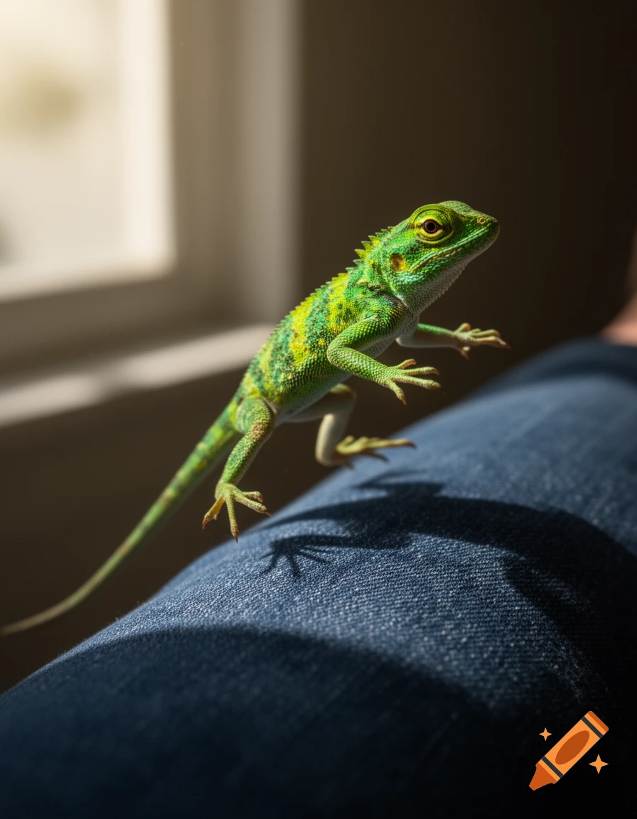 A vibrant green lizard with yellow markings sits on a person's denim-clad lap, illuminated by sunlight from a window.