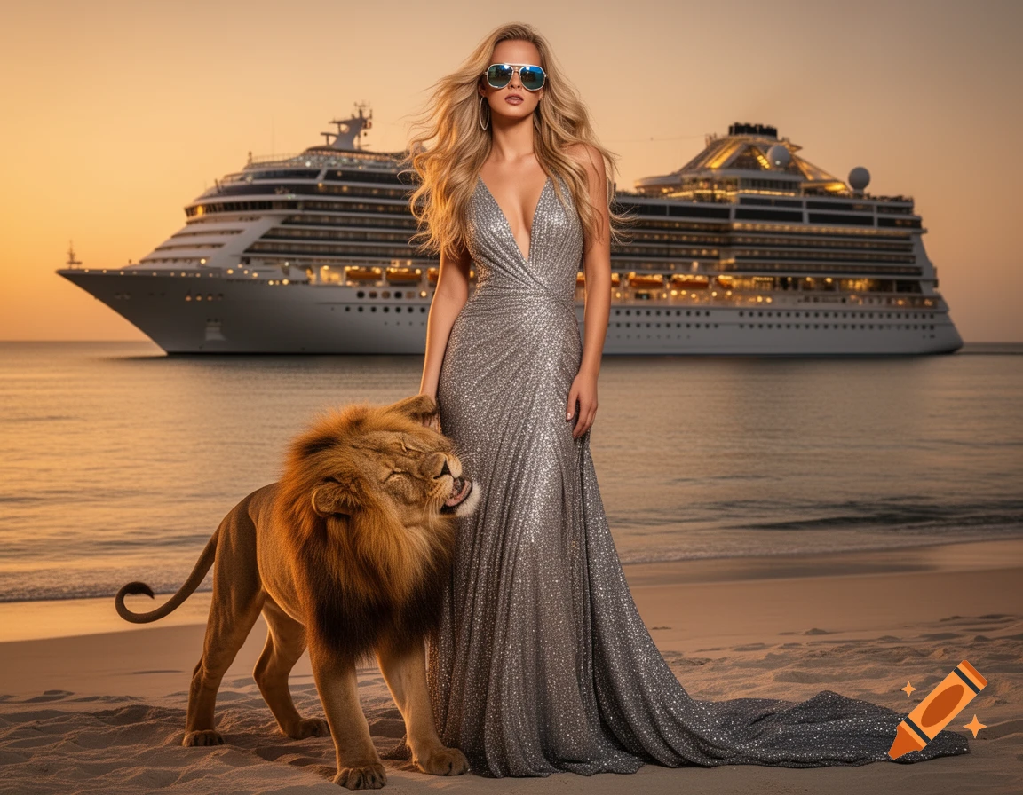 Photorealistic image of a woman in a shimmering silver gown and sunglasses standing on a beach with a lion by her side, cruise ships in the background at sunset.