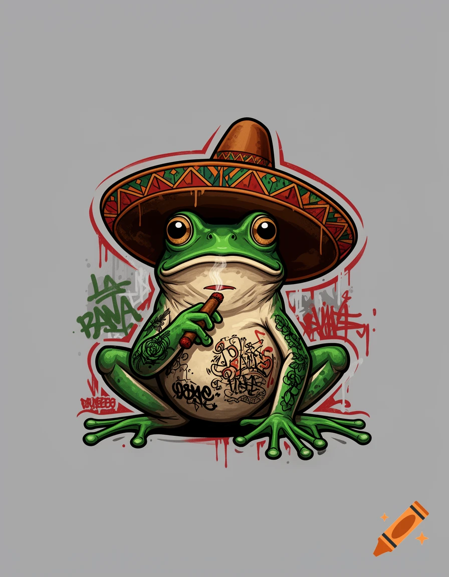 A stylized green frog wearing a sombrero and smoking a cigar, covered in tattoos, against a graffiti-style background with "LA RANA" text.