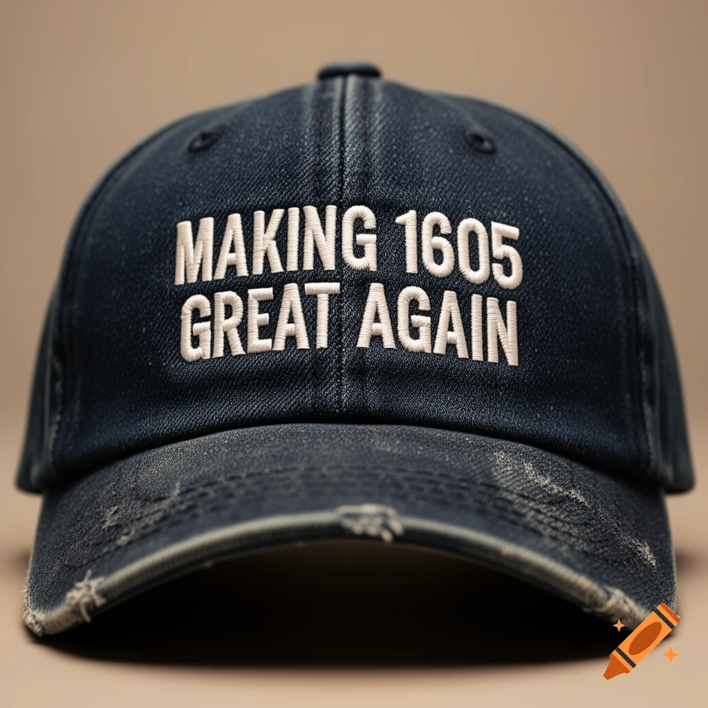 Close-up of a distressed dark blue baseball cap with 'Making 1605 Great Again' embroidered in white.