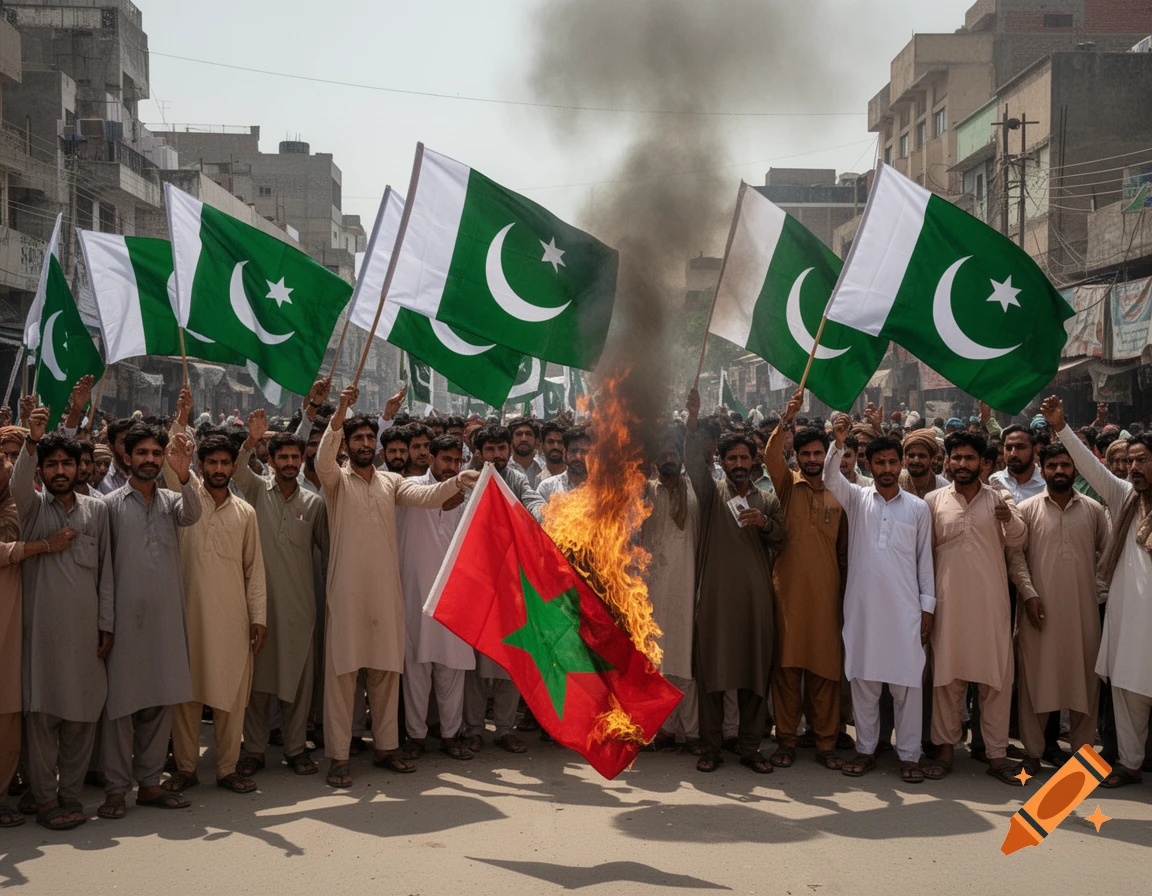 Pakistani protestors wave national flags as one burns a Myanmar flag, surrounded by a crowd in an urban street.