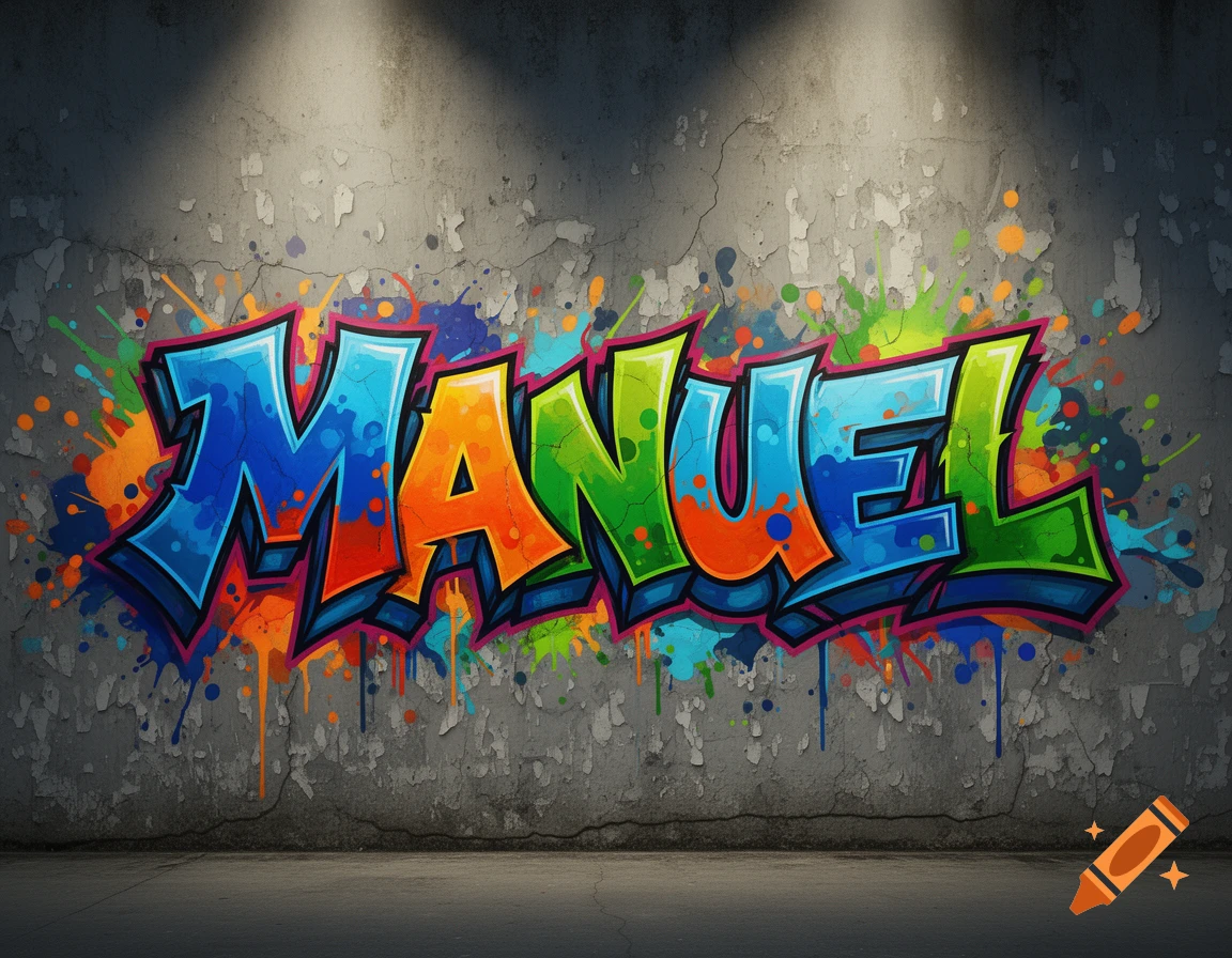 Colorful graffiti of the name 'MANUEL' in bubble letters on a weathered concrete wall with vibrant paint splatters, illuminated by spotlights.