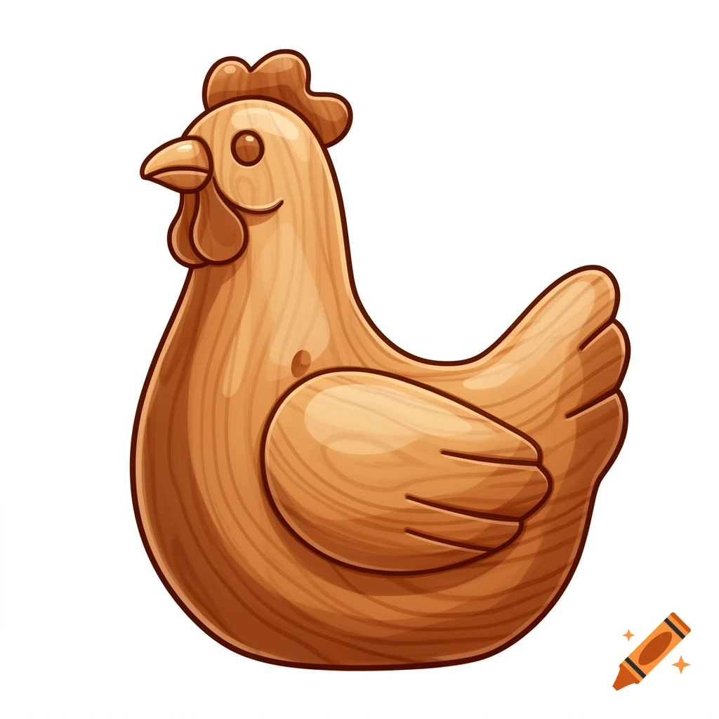 A stylized cartoon wooden chicken with a brown wood grain texture on a white background.