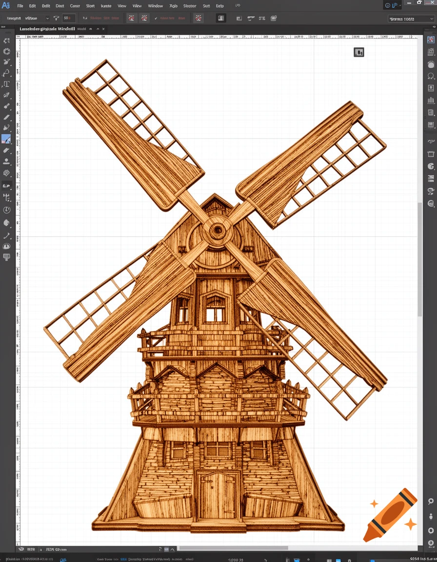 Detailed wooden laser-cut windmill design, shown in a CAD software interface with toolbars and menus.