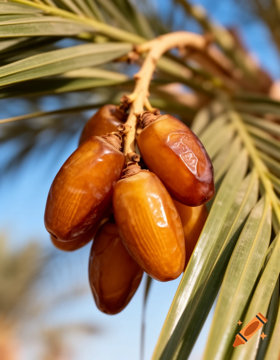 Close-up of a cluster of ripe brown dates hanging from a palm tree branch with green leaves against a bright blue sky.