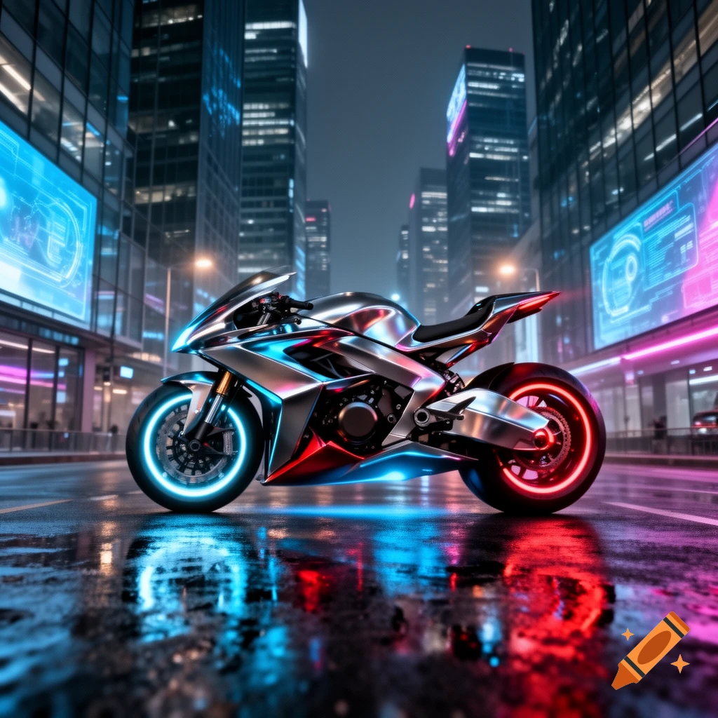 A chrome and neon futuristic sportbike with glowing blue and red lights on a wet city street at night amidst tall buildings with glowing screens.