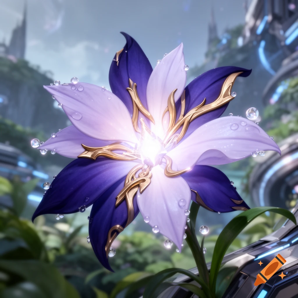 A vibrant digital art image of a glowing purple and white fantasy flower with golden accents and dewdrops, set against a futuristic cityscape.