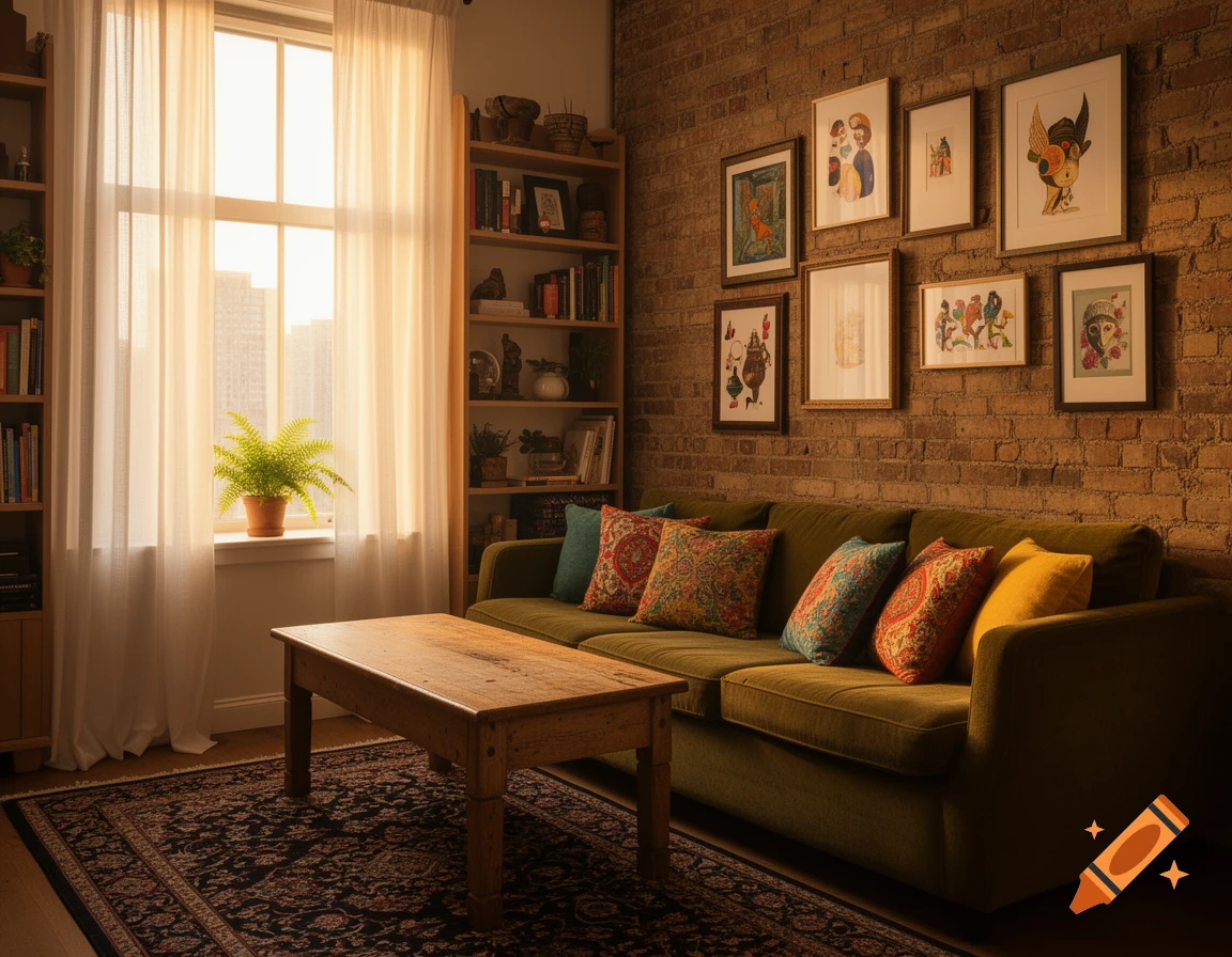 Cozy living room with a green sofa, wooden coffee table, bookshelves, and framed art on a brick wall. A fern sits on a bright window sill.