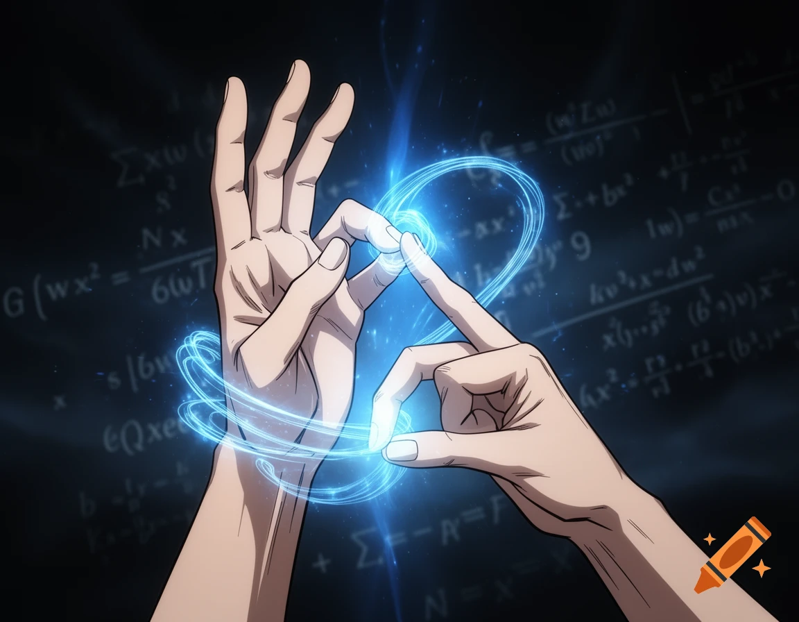 Close-up of anime-style hands performing a sacred mudra with glowing blue energy, against a dark background of blurry mathematical equations.