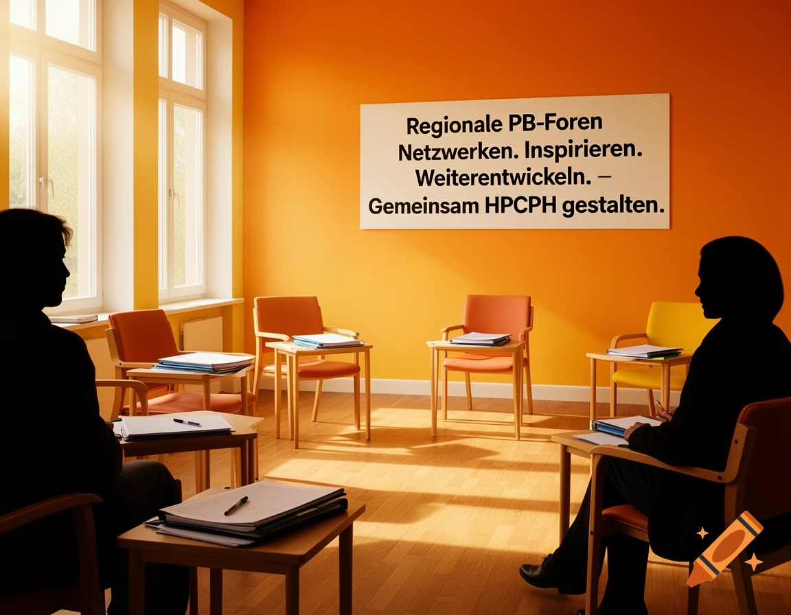Two silhouetted figures in a sunny meeting room with orange walls and wooden floors, facing a sign with German text.