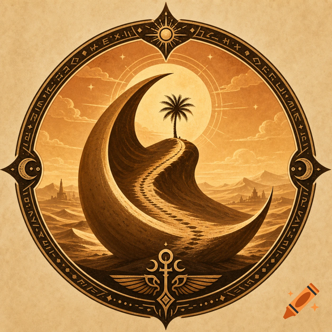 A stylized emblem features a crescent dune with a path leading to a solitary palm tree against a sun-drenched desert and cloudy sky, framed by an ornate border.