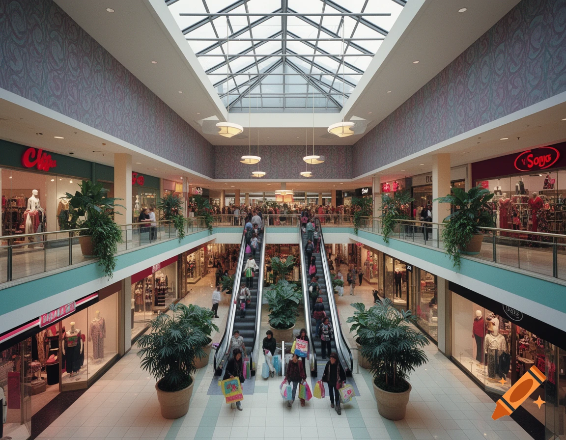 A wide-angle, photorealistic view of a bustling multi-story indoor shopping mall with escalators and a glass ceiling.