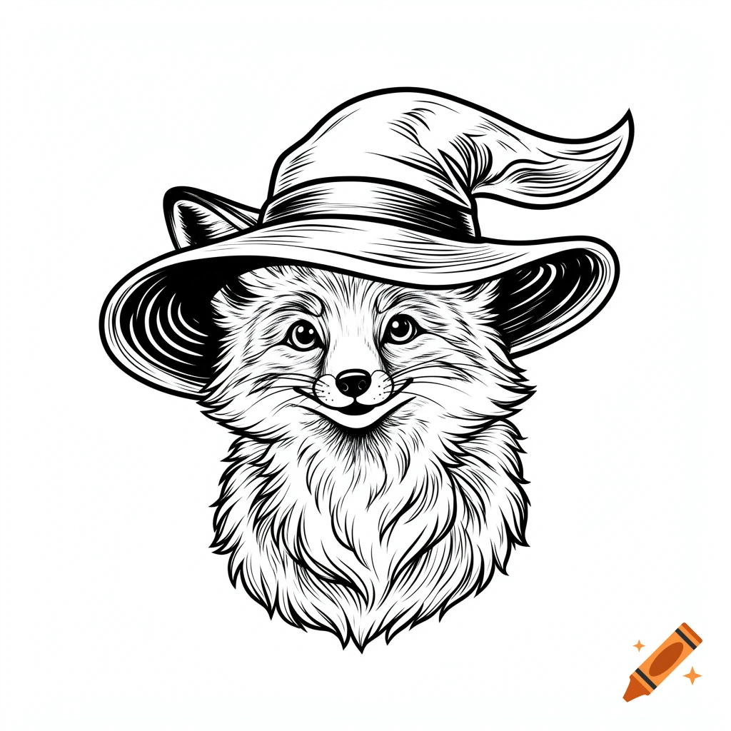Black and white line art illustration of a smiling fox wearing a witch's hat.