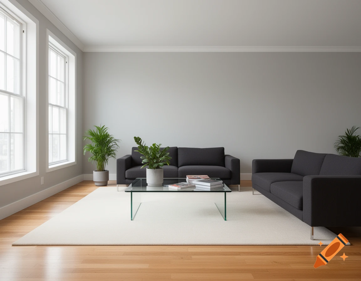A modern living room with gray walls, two dark gray sofas, a glass coffee table, and green plants on a light rug over a wooden floor, with two large windows.