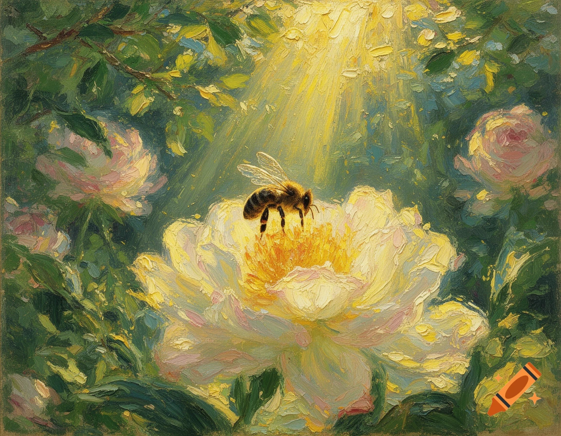 An impressionistic oil painting of a bee on a bright yellow flower in a sunlit garden.