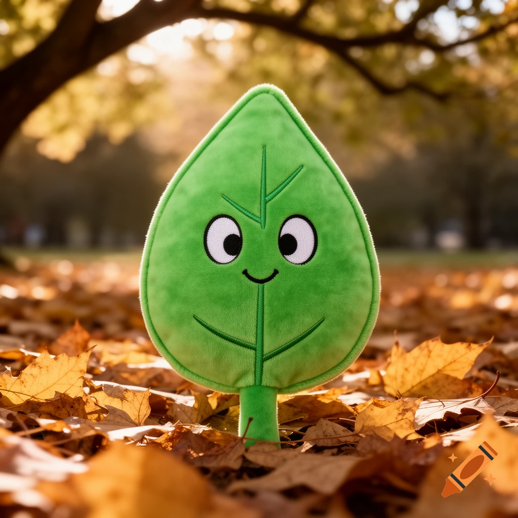 A green plushie leaf with a happy face sits among golden autumn leaves in a park.