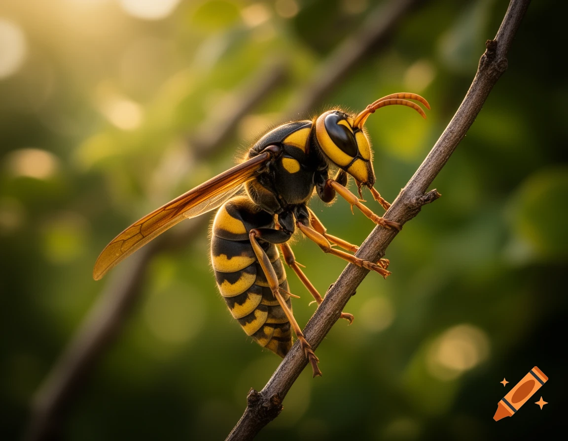 Close-up photorealistic shot of a yellow and black wasp perched on a thin brown branch with a blurred green background.