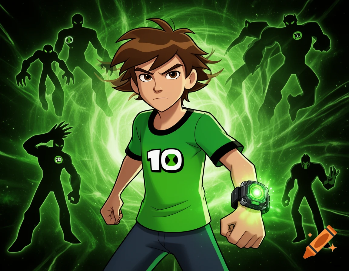 A cartoon boy with brown hair and a green shirt with a '10' stands amidst green energy, surrounded by dark alien silhouettes. He wears a glowing green watch.