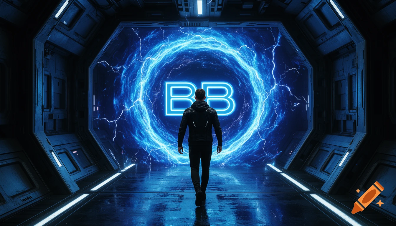 A man walks down a dark, metallic sci-fi corridor towards a glowing blue energy portal with "BB" in the center, reflecting on the wet floor.