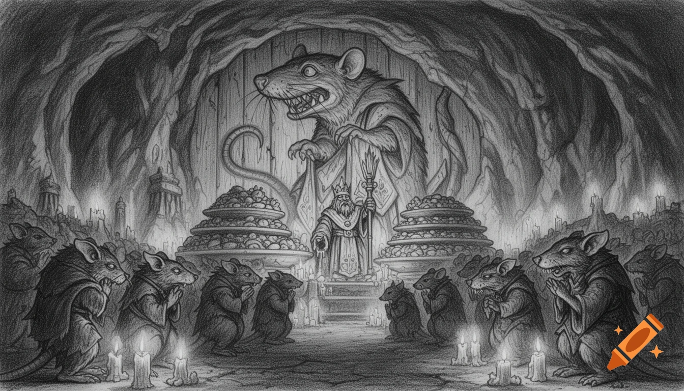 Charcoal drawing of robed anthropomorphic rats (Skavens) worshipping a large rat statue in a candlelit cave, with a king and priest.