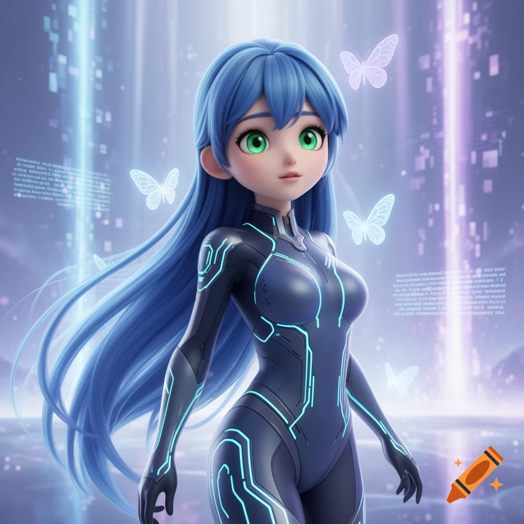 Anime 3D girl with blue hair and green eyes, wearing a dark sci-fi suit, in a futuristic digital city with glowing butterflies.