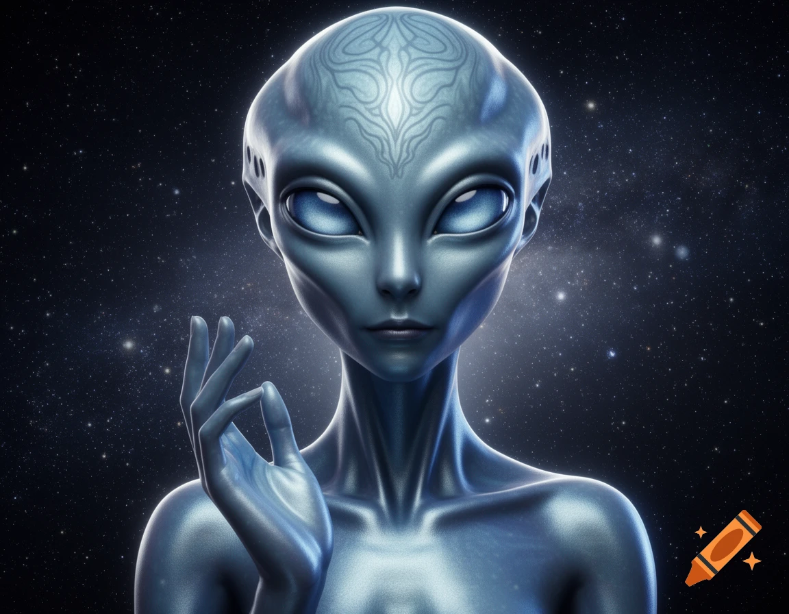 A photorealistic rendering of a grey alien with large, glowing blue eyes and intricate patterns on its forehead, against a starry night sky.