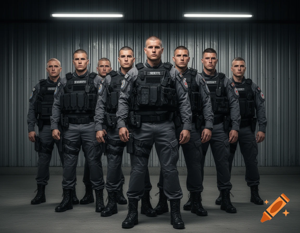 Group of seven men in tactical paramilitary security uniforms with vests and boots, standing in a warehouse-like setting.
