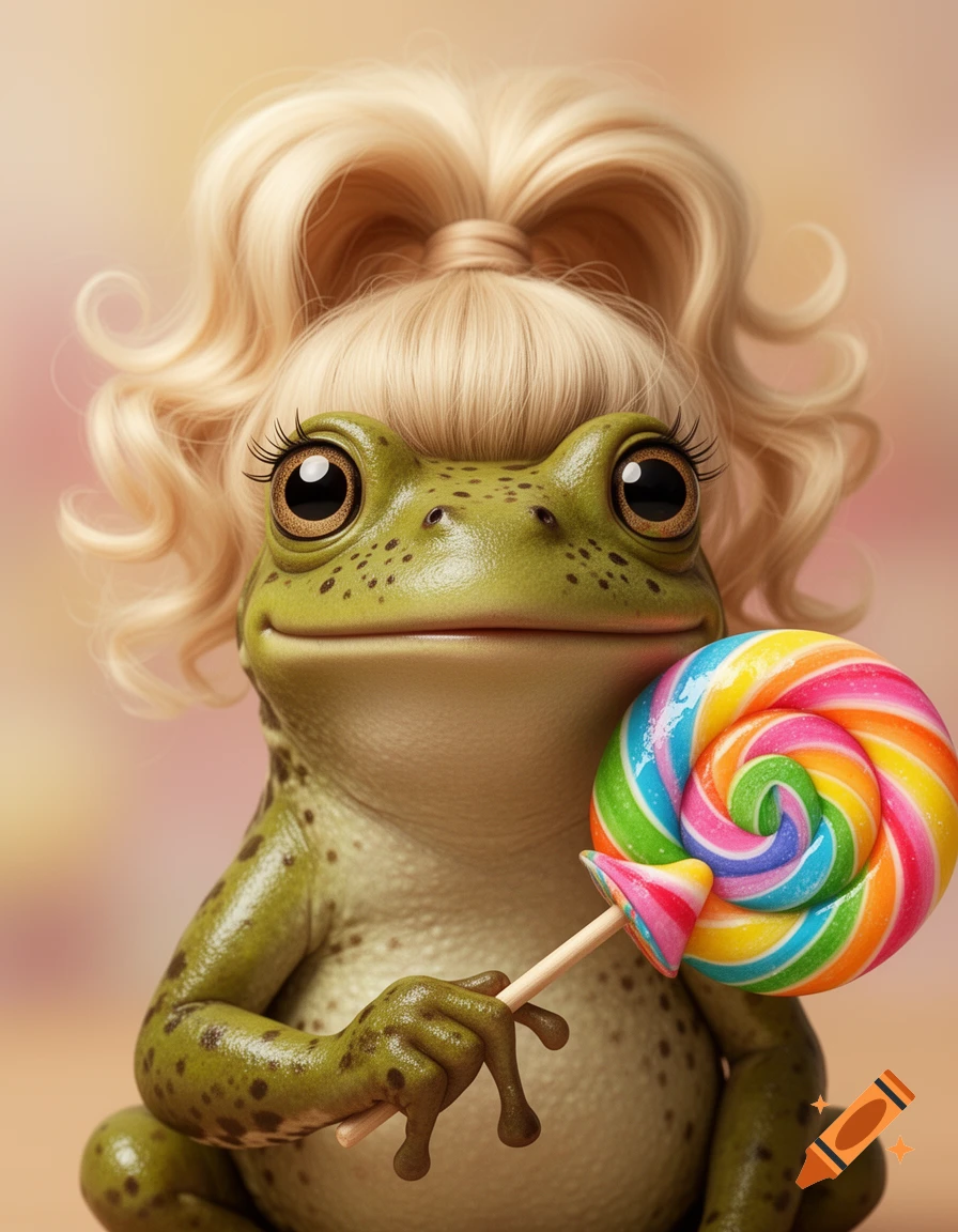 A hyperrealistic portrait of a cute green frog with blonde hair in a ponytail, holding a colorful swirl lollipop.