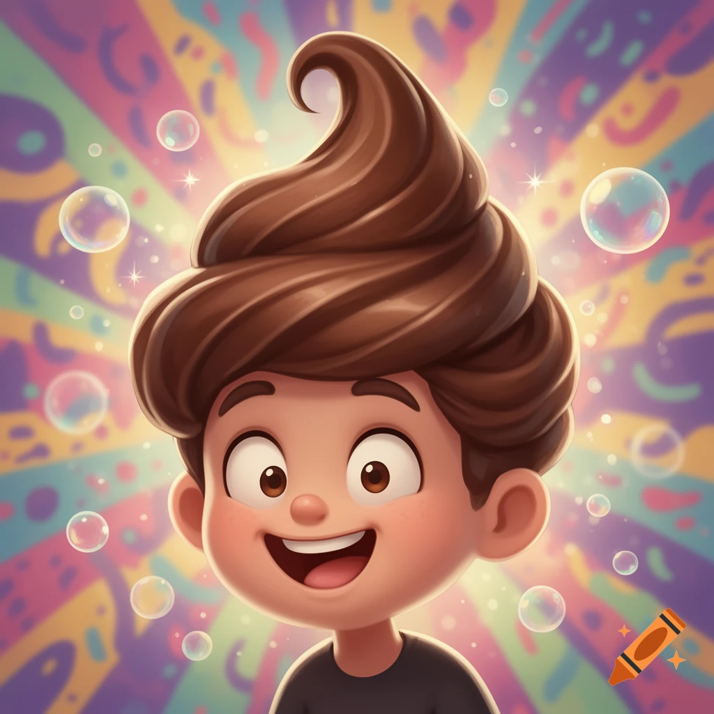 Cartoon boy with a whimsical brown poop-shaped hairstyle, smiling against a vibrant, psychedelic background with bubbles and sparkle effects.