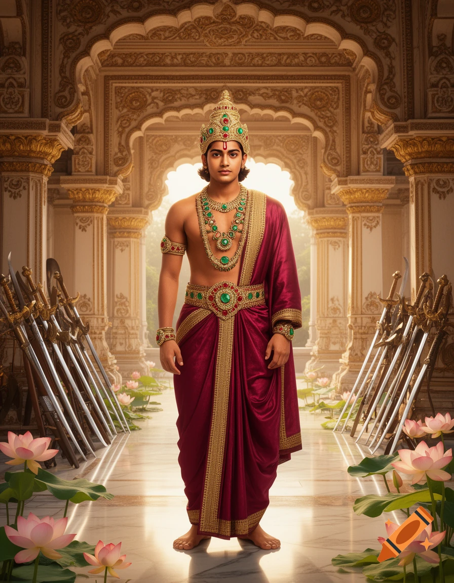 A young king in traditional red and gold attire and elaborate green jewelry stands in an ornate palace with lotus flowers and swords.