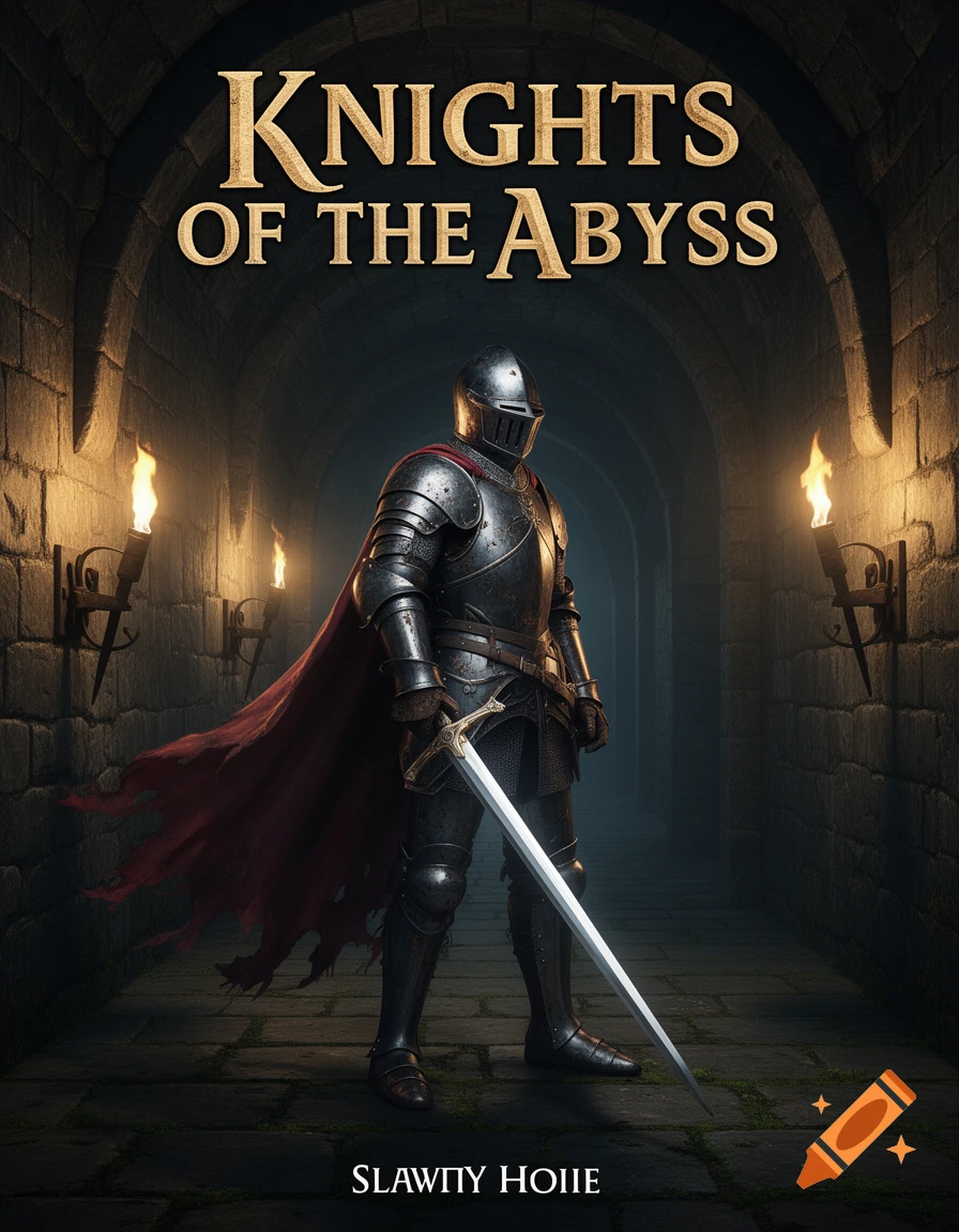 A knight in full armor with a red cape, holding a sword, stands in a dark stone dungeon corridor lit by torches. The image features a book cover design with the title "KNIGHTS OF THE ABYSS" and an illegible author name at the bottom.