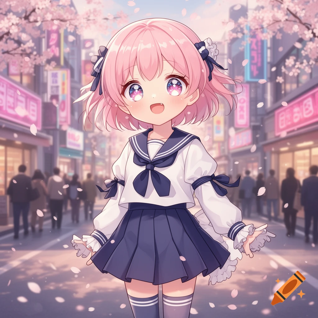 Anime girl with pink hair in a sailor uniform stands on a cherry blossom-filled urban street.
