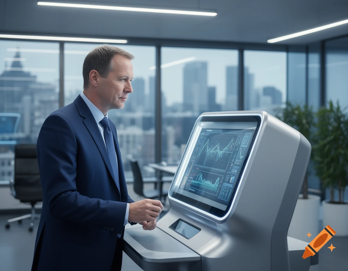 A man in a suit stands next to a modern kiosk displaying graphs and data in a high-rise office with city views.