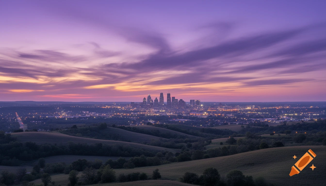 A wide shot of a glowing city skyline in the far distance, seen over dark rolling hills under a vibrant purple and orange sunset.