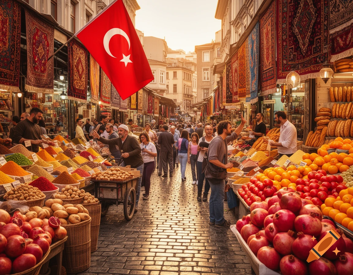 A bustling outdoor market street in Turkey, with vendors selling colorful spices, fresh fruits like pomegranates and oranges, and various goods under a large Turkish flag.